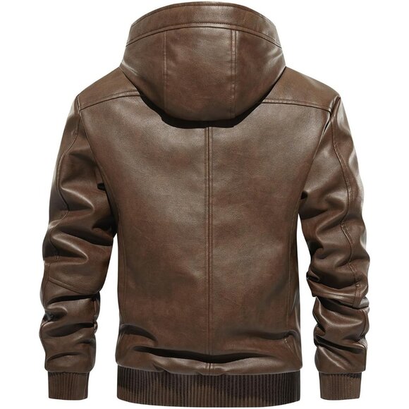 Brand New Men's Brown Polyester Sherpa Lined Hooded Faux Leather Bomber Jacket - Picture 2 of 9